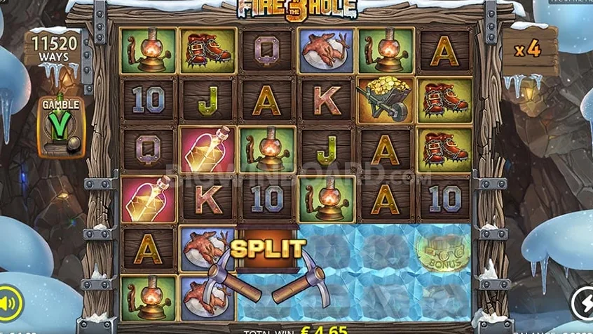 Basisscherm van Fire in the Hole 3 met bevroren mijn en 6x3 grid.